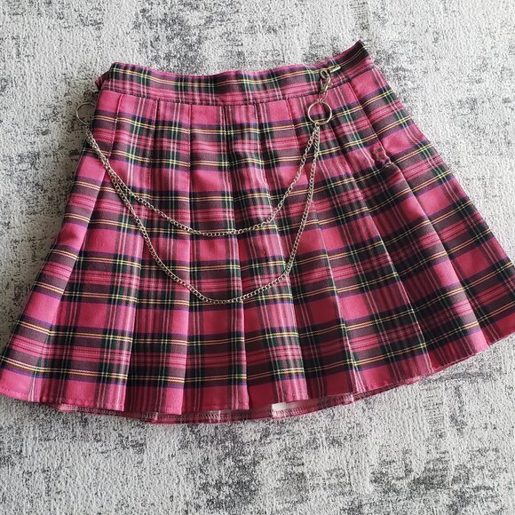 Cute Pink Tartan Punk Kilt w/ wallet chain DIY custom + ooak - Picture 1 of 14